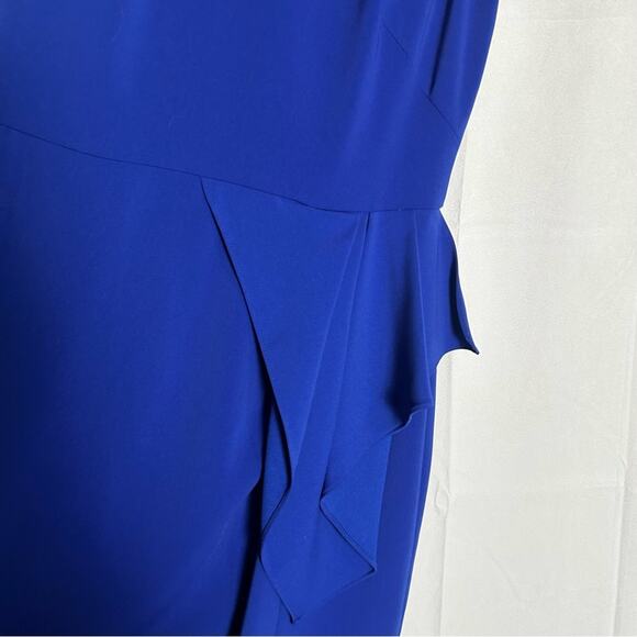 Mikael Aghal Royal Blue High Neck Sleeveless Ruffle Waist Slit Leg Maxi Dress 2 - Picture 6 of 6